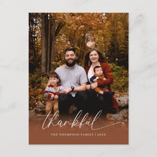 Minimalist Script Thankful Thanksgiving Photo Postcard (Front)