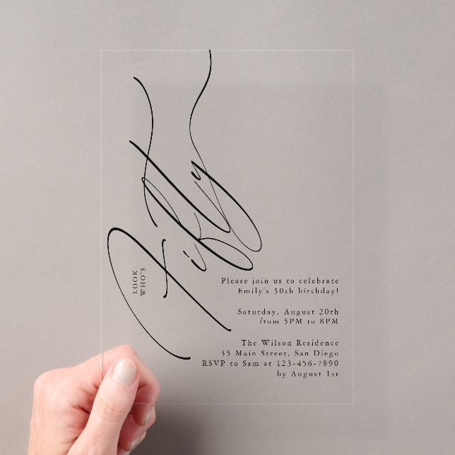 Minimalist Script Typography 50th Birthday Party Acrylic Invitations (Insitu (Handheld))