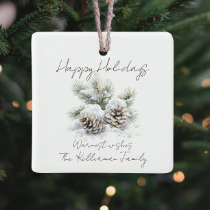 minimalist script, watercolor snowy pine cones ceramic ornament