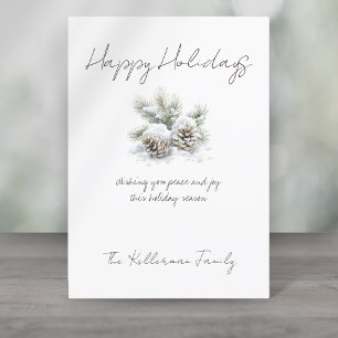 minimalist script, watercolor snowy pine cones holiday card