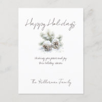 minimalist script, watercolor snowy pine cones