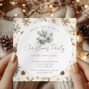 minimalist script, watercolor snowy pine cones invitation