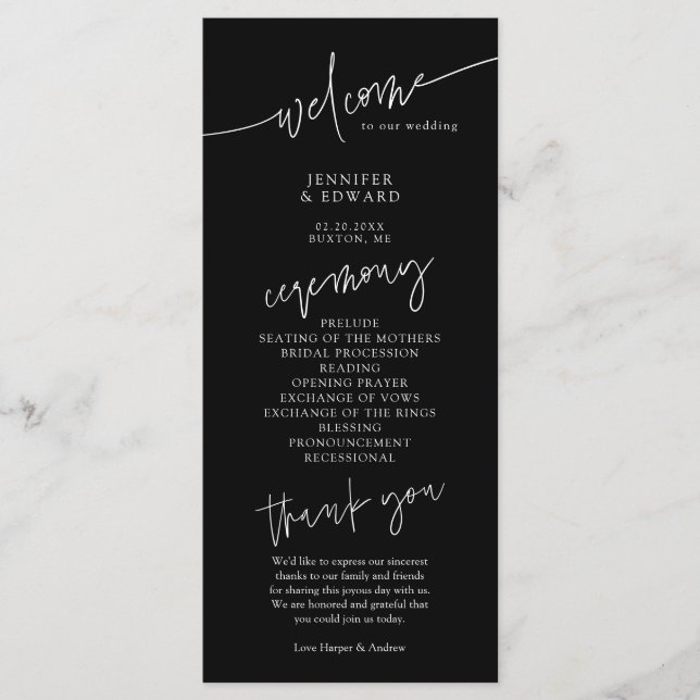 Minimalist Script Wedding Black Ceremony Program Programme (Front)