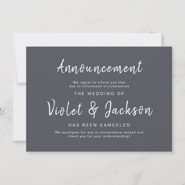 Minimalist script wedding cancellation cards (Front)