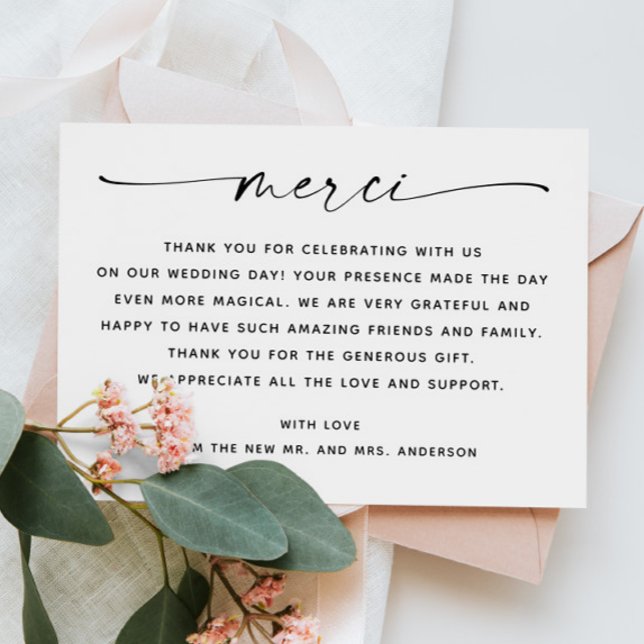Minimalist Script Wedding Merci | Elegant Photo Thank You Card (Creator Uploaded)