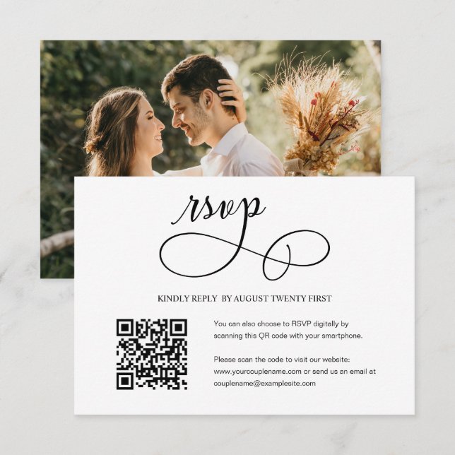 Minimalist Script Wedding QR Code Photo RSVP Card (Front/Back)