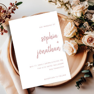 Minimalist Script White and Dusty Rose Wedding Invitation