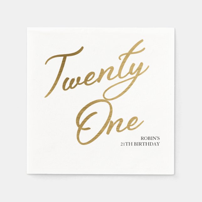 Minimalist Script white and Gold 21st Birthday Napkin (Front)