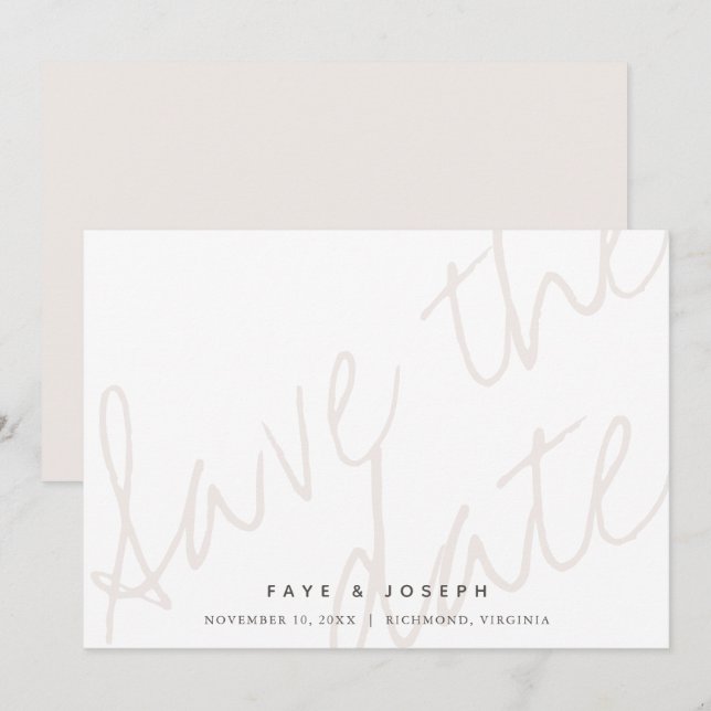 Minimalist Script White Beige Save the Date Card (Front/Back)