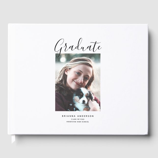 Minimalist Script White Photo Graduation Guest Book (Front)