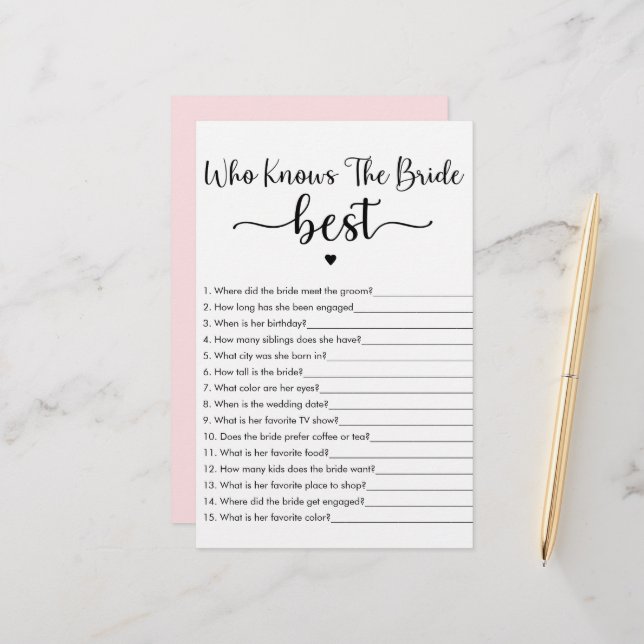Minimalist Script Who Knows The Bride Best Game (Front/Back In Situ)