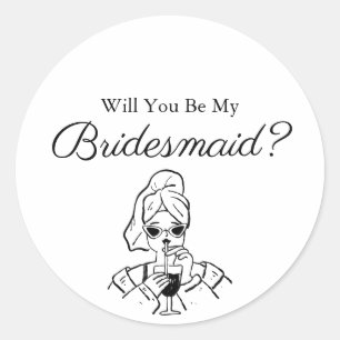 Minimalist Script Will You Be My Bridesmaid Black Classic Round Sticker