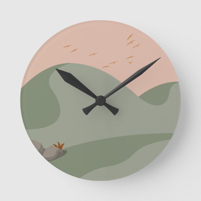 Minimalist Sea Green Boho Mountain scenery Round Clock (Front)
