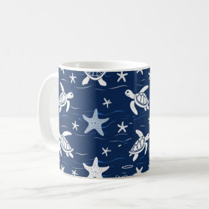 Minimalist Sea Turtle & Starfish Pattern Coffee Mug