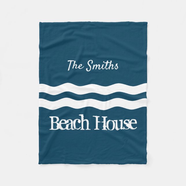 Minimalist Sea Waves Nautical Coastal Fleece Blanket (Front)