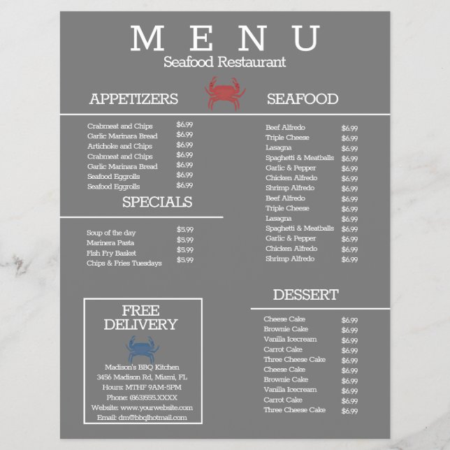 Minimalist Seafood Crab Grill Restaurant Menu Gray (Front)
