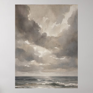 Minimalist Seascape Painting in Beige and Grey Poster