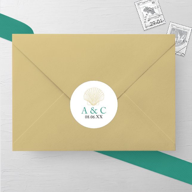 Minimalist Seashell Wedding Classic Round Sticker (Creator Uploaded)