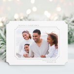 Minimalist Season's Greetings Photo  Holiday Card<br><div class="desc">Simple Christmas | Holiday photo card features your photo in a ticket shape frame with a winter greenery pattern on the back. For more advanced customization of this design,  please click the BLUE DESIGN TOOL BUTTON.</div>