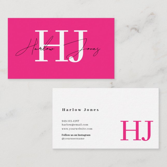 Minimalist Signature Monogram Hot Pink Business Ca Card (Front/Back)