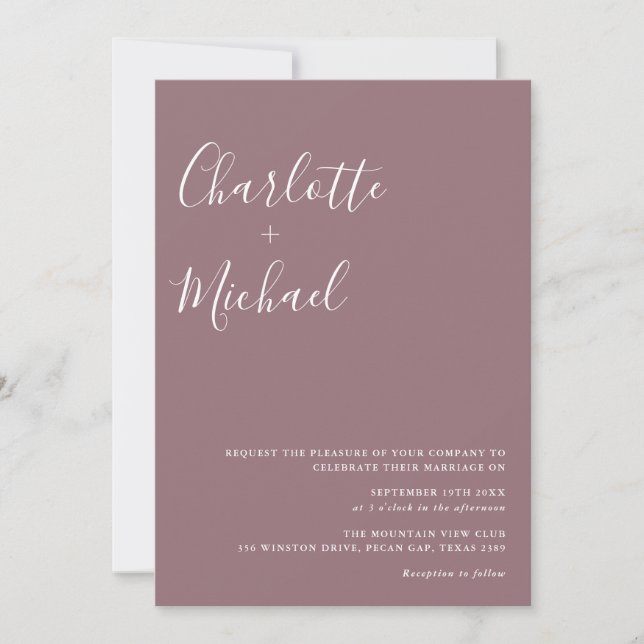 Minimalist Signature Script Mauve Wedding Invitation (Front)
