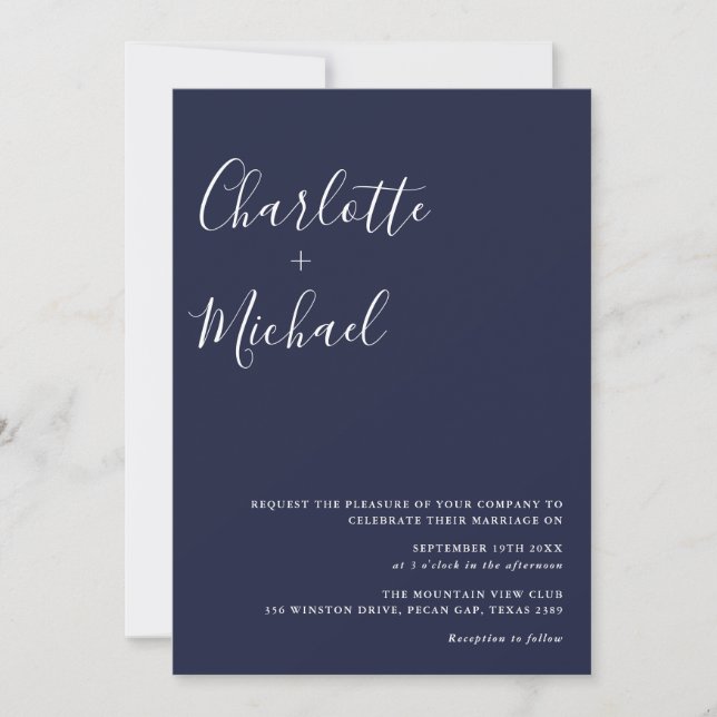 Minimalist Signature Script Navy Blue Wedding Invitation (Front)