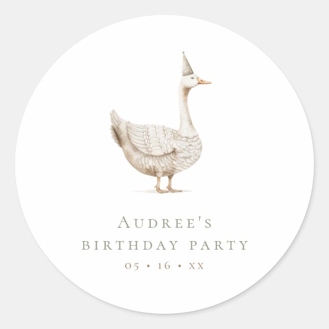 Minimalist Silly Goose Birthday Party Classic Round Sticker (Front)