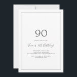 Minimalist Silver 90th Birthday Party Invitation<br><div class="desc">This minimalist silver 90th birthday party invitation is perfect for a simple birthday party. The modern romantic design features classic silver grey and white typography paired with a rustic yet elegant calligraphy with vintage hand lettered style. Customisable in any colour. Keep the design simple and elegant, as is, or personalise...</div>