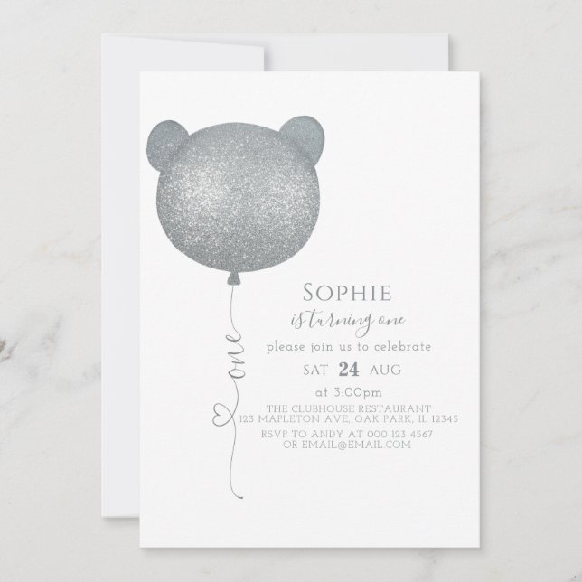 Minimalist Silver Balloon Teddy Bear 1st Birthday Invitation (Front)