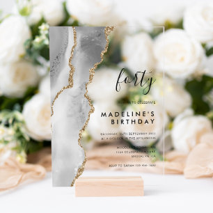 Minimalist Silver Gold Agate Geode 40th Birthday Acrylic Invitations