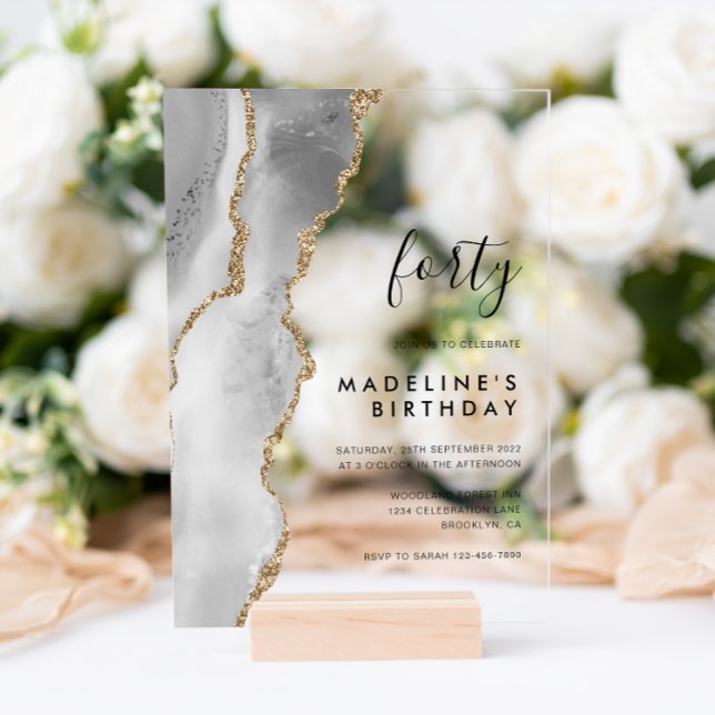 Minimalist Silver Gold Agate Geode 40th Birthday Acrylic Invitations (Creator Uploaded)