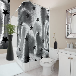 Minimalist Silver Grey with Black Stars  Shower Curtain