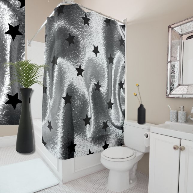 Minimalist Silver Grey with Black Stars  Shower Curtain (Unexpected wow factor for your powder room!)