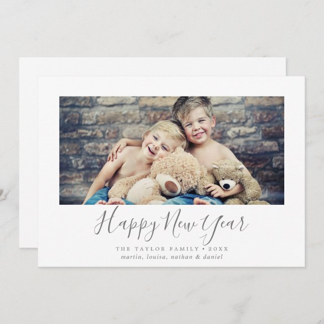 Minimalist Silver Happy New Year Landscape Photo Holiday Card (Front/Back)