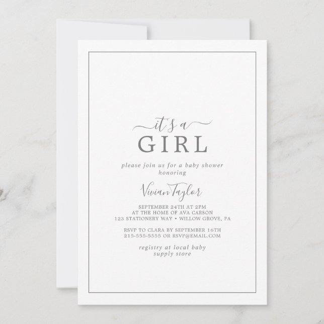 Minimalist Silver It's A Girl Baby Shower Invitation (Front)