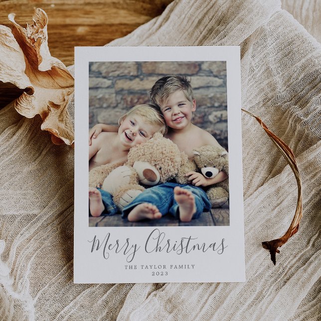 Minimalist Silver Merry Christmas Portrait Photo Holiday Card (Creator Uploaded)