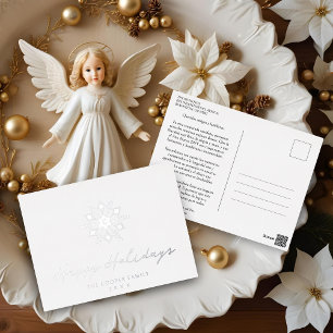 Minimalist Silver Modern Snowflake Initial Foil Holiday Postcard