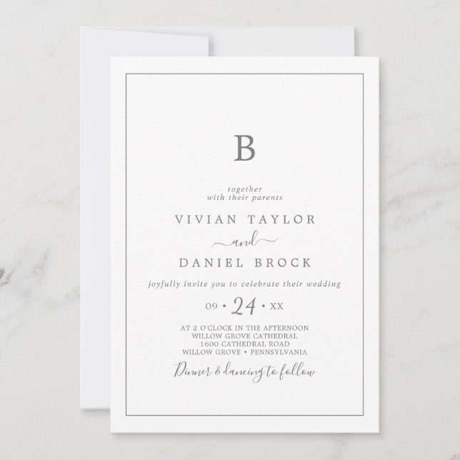 Minimalist Silver Monogram Wedding Invitation (Front)