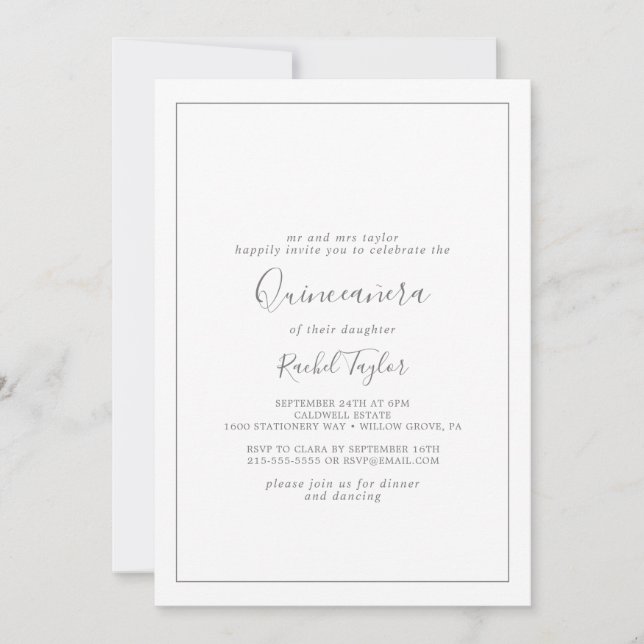 Minimalist Silver Quinceañera Invitation (Front)