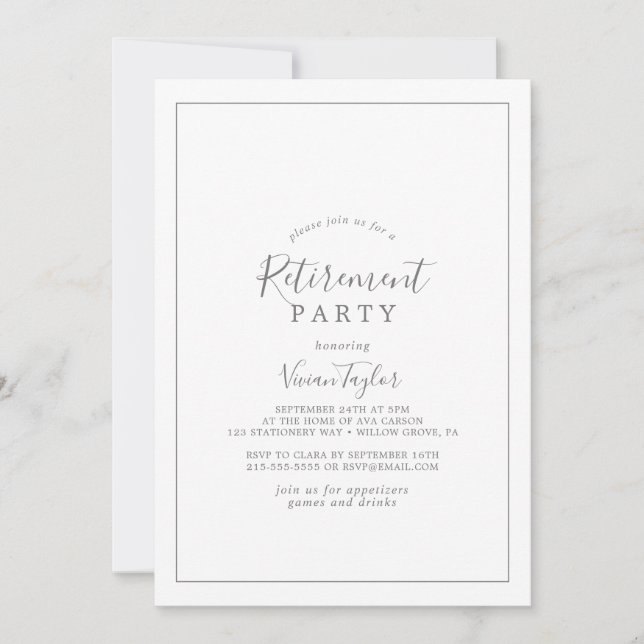 Minimalist Silver Retirement Party Invitation (Front)