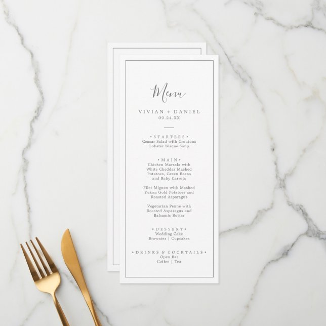 Minimalist Silver Wedding Dinner Menu (Front/Back In Situ)
