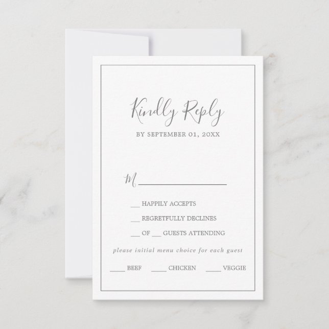 Minimalist Silver Wedding Menu Choice RSVP Card (Front)