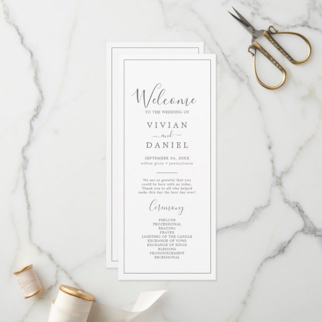 Minimalist Silver Wedding Program Programme (Front/Back In Situ)