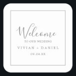 Minimalist Silver Wedding Welcome Square Sticker<br><div class="desc">These minimalist silver wedding welcome stickers are perfect for a simple wedding. The modern romantic design features classic silver grey and white typography paired with a rustic yet elegant calligraphy with vintage hand lettered style. Customisable in any colour. Keep the design simple and elegant, as is, or personalise it by...</div>