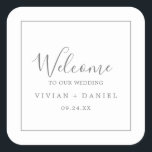 Minimalist Silver Wedding Welcome Square Sticker<br><div class="desc">These minimalist silver wedding welcome stickers are perfect for a simple wedding. The modern romantic design features classic silver grey and white typography paired with a rustic yet elegant calligraphy with vintage hand lettered style. Customisable in any colour. Keep the design simple and elegant, as is, or personalise it by...</div>