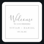 Minimalist Silver Wedding Welcome Square Sticker<br><div class="desc">These minimalist silver wedding welcome stickers are perfect for a simple wedding. The modern romantic design features classic silver grey and white typography paired with a rustic yet elegant calligraphy with vintage hand lettered style. Customisable in any colour. Keep the design simple and elegant, as is, or personalise it by...</div>