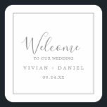 Minimalist Silver Wedding Welcome Square Sticker<br><div class="desc">These minimalist silver wedding welcome stickers are perfect for a simple wedding. The modern romantic design features classic silver grey and white typography paired with a rustic yet elegant calligraphy with vintage hand lettered style. Customisable in any colour. Keep the design simple and elegant, as is, or personalise it by...</div>
