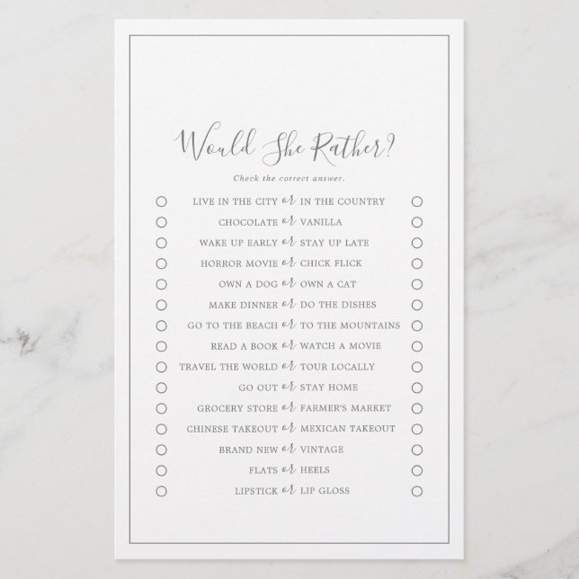 Minimalist Silver Would She Rather Game Flyer (Front)