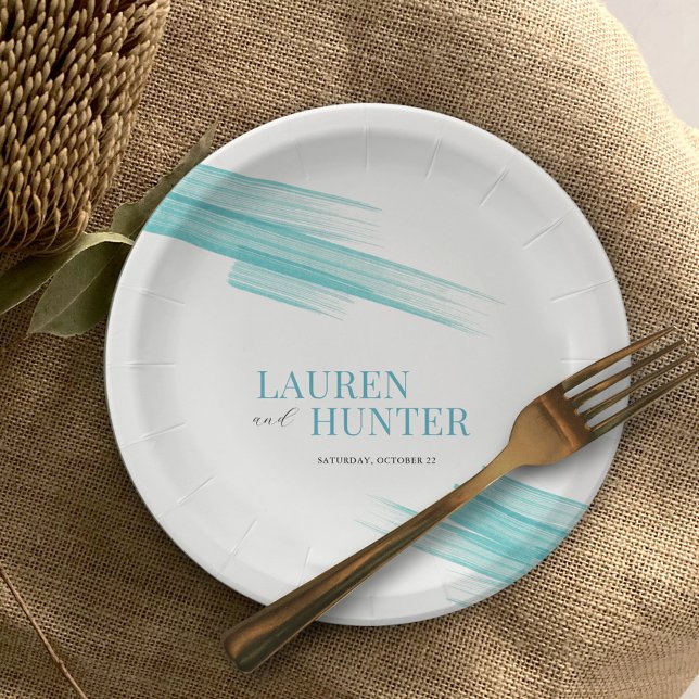 Minimalist simple aqua ink stripes wedding paper plate (Creator Uploaded)