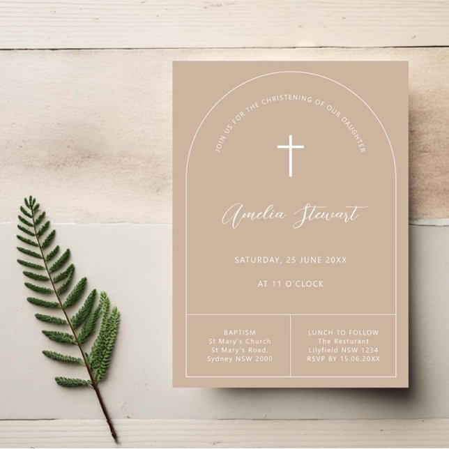 Minimalist simple arch beige baptism christening invitation (Creator Uploaded)